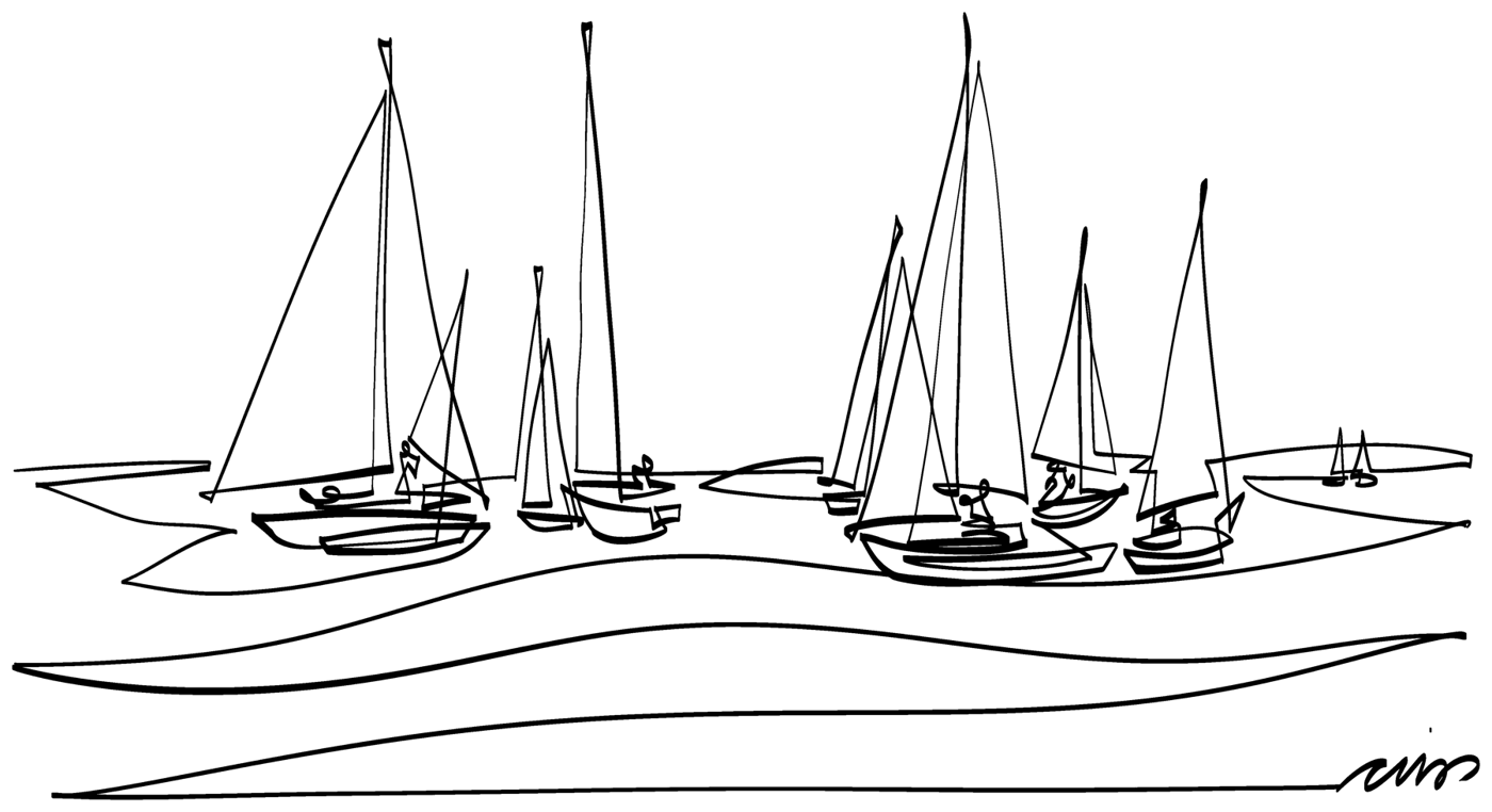 Line drawing of a fleet of sailboats on open water
